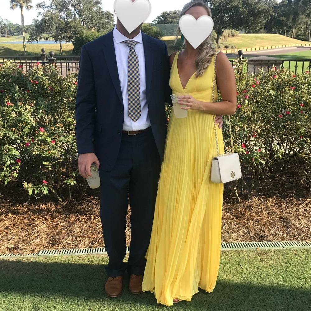 Formal Yellow Pleated Maxi Dress with V-Neck